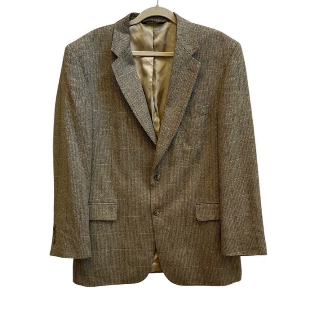 Jos A Bank Sport Coat Blazer Mens 43R Brown Tan Herringbone Windowpane Wool Silk